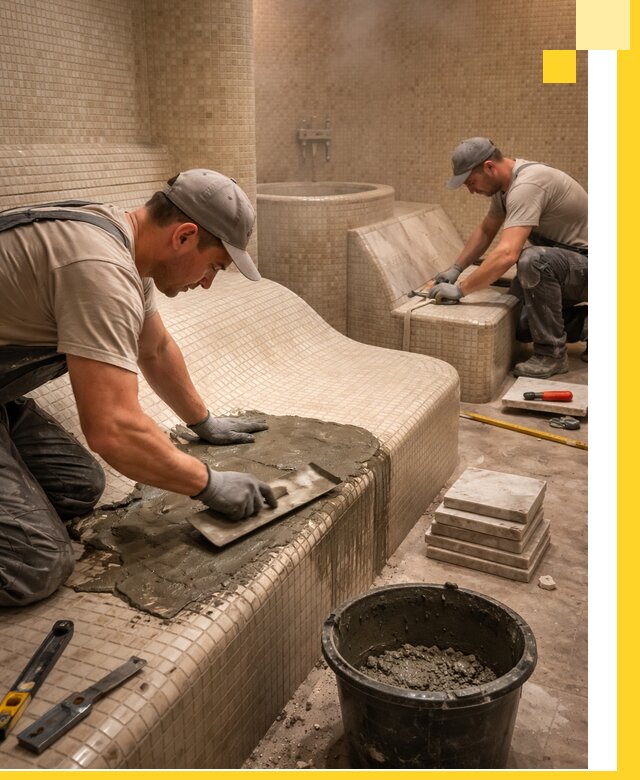 Лежаки для хамама под ключ в Зеленодольске, проект и монтаж